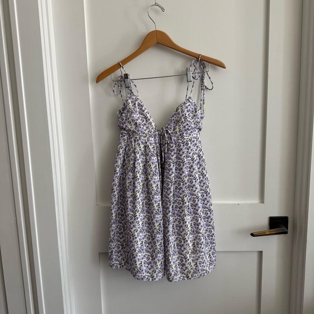 Purple Floral Tie-Strap babydoll woven mini Dress